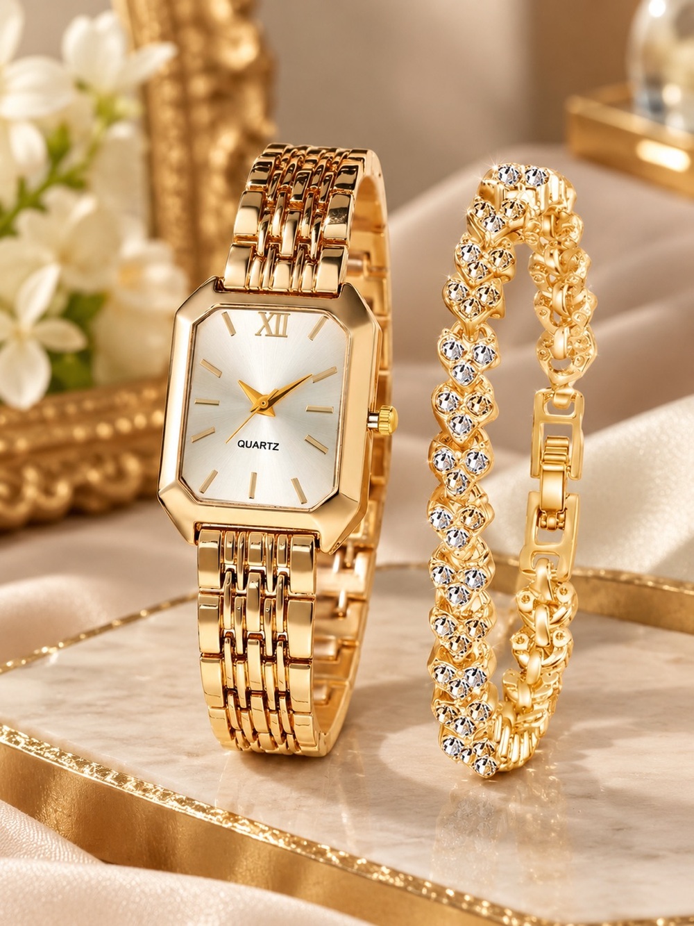 Anthropologie Gold-Tone Rectangular Dial Watch with Crystal Bracelet